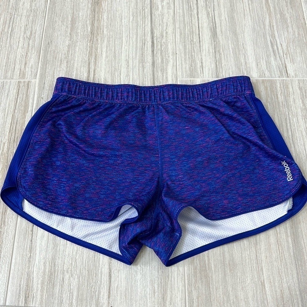Blue & pink Reebok athletic shorts size large mesh thick waistband marl print